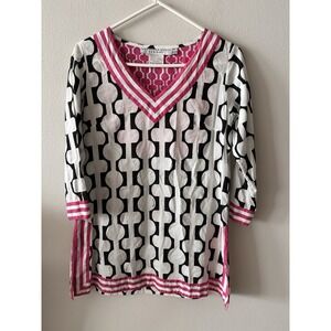Gretchen Scott Tunic Top Size XS Black White Pink Geometric Vacation Beach